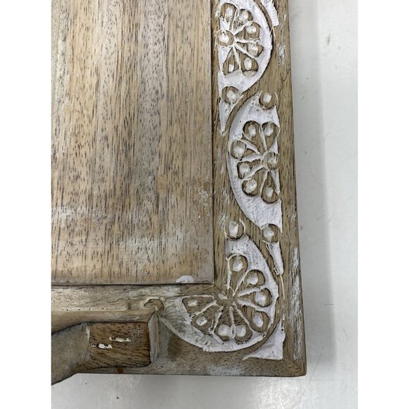 RUSTIC Carved Wooden Serving Tray Rectangular 17x12 With 2 Handles India - Picture 7 of 8